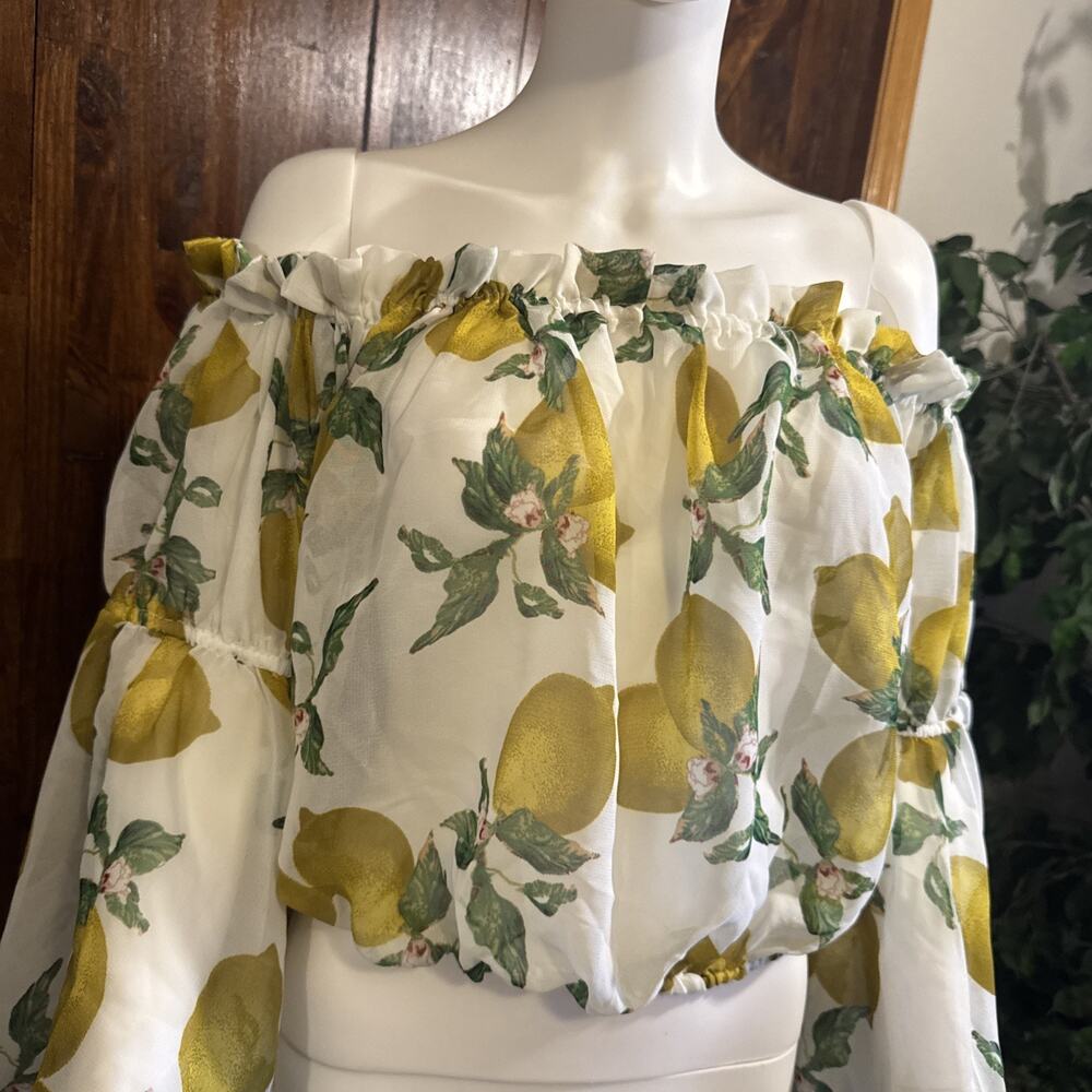 Ashley Stewart Sheer Lemon Print Off Shoulder Blouse Top 14/16 Plus Flowy Sleeve - Picture 2 of 10